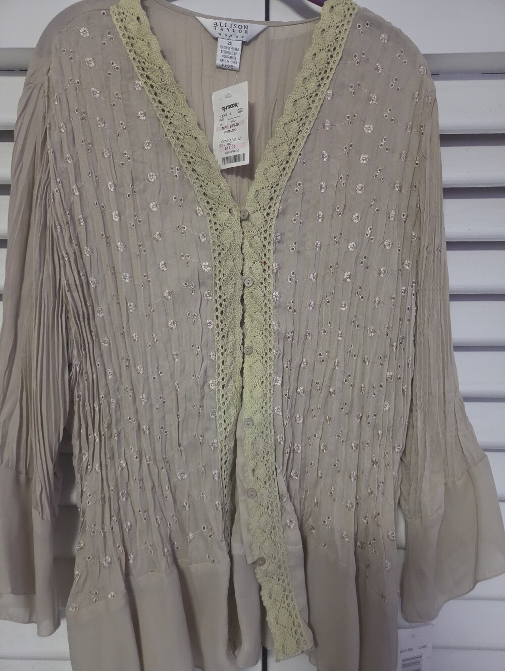 Allison Taylor Beige Button-Front Crochet-Trim Blouse